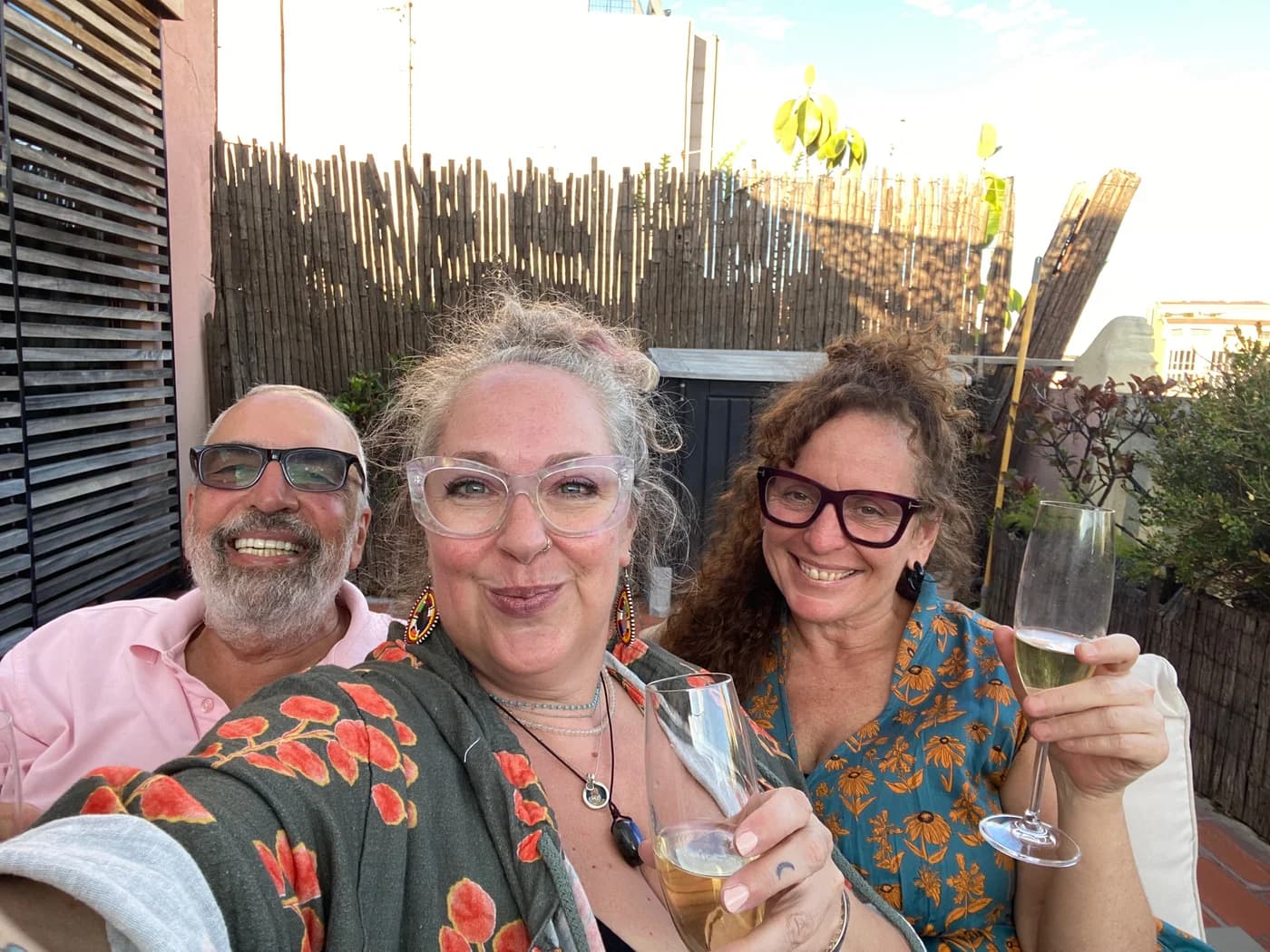 On the deck of our luxurious Barcelona apartment: me, Alison and Olivia.